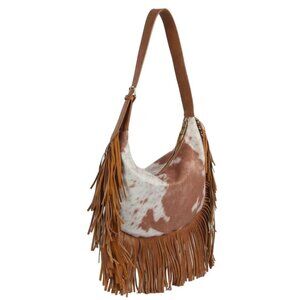 NWT Brown Faux Suede Cow Print Fringe Hobo Bag